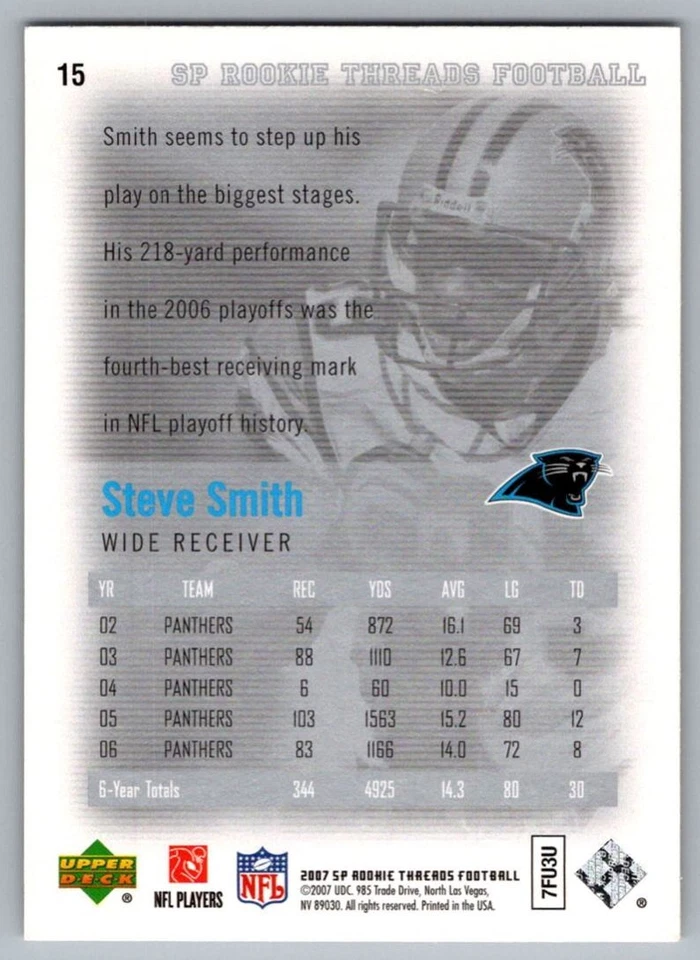 2007 SP Rookie Threads Steve Smith Carolina Panthers #15 - Image 2 of 2