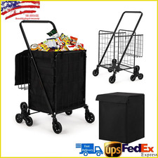 Folding Utility Shopping Cart with Double Basket  Swivel Wheels Easy Transport