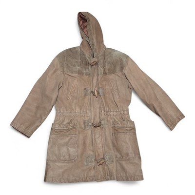 Vtg Hunters Run Brown Leather Trench Coat Floral Full Zip Toggle Womens Size M 