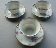 Antique A. Lanternier Limoges France Set of 3 Tea Cup Saucers Floral Gold Trim
