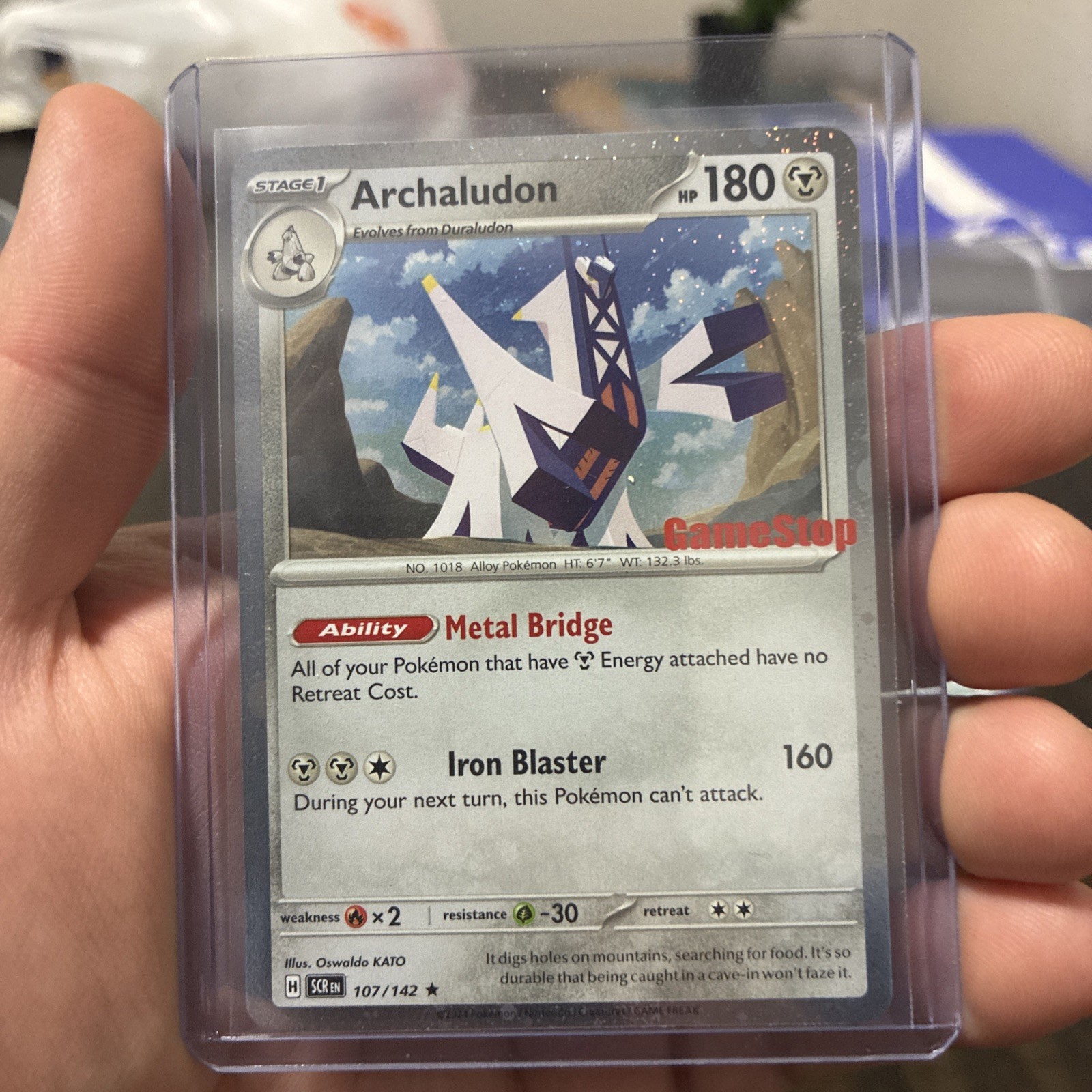 2024 Pokémon TCG Stellar Crown Archaludon #107 Cosmos Holo GameStop Stamp