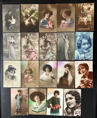 19 Vintage French RPPC Photo Postcards New Year Bonne Annee Women Fashion Tinted