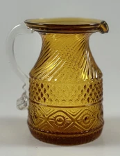 VTG 1960s Amber Gold Art Glass Mini Pitcher Clear Handle Ewer Vase Creamer Decor