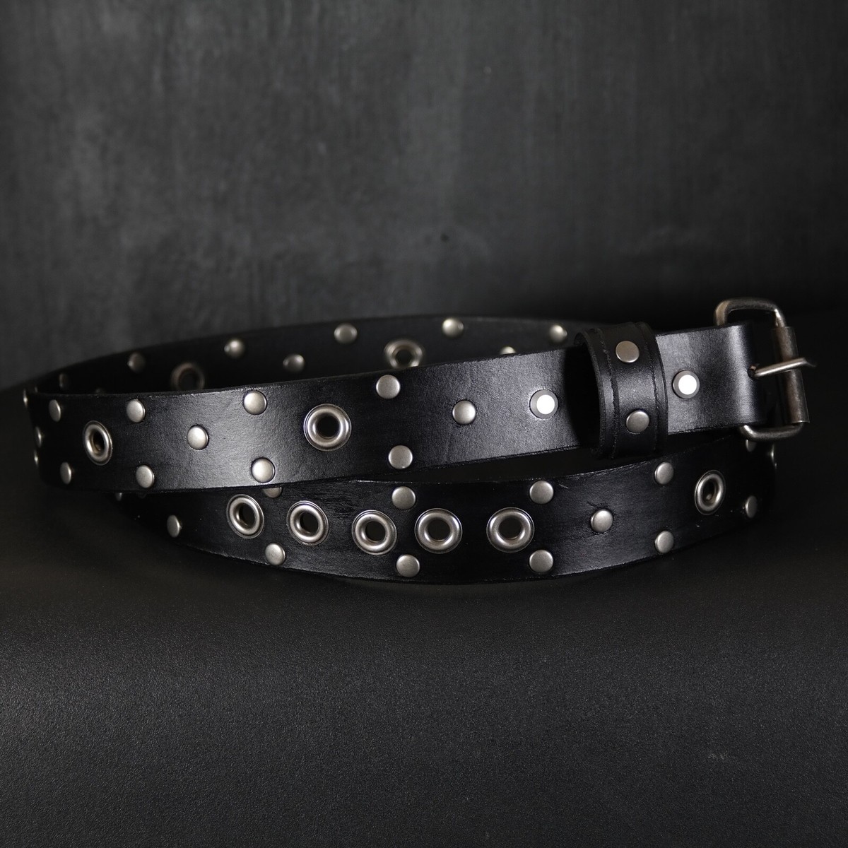 Black Genuine Leather Belt Silver Studded & Grommet Buckle Size S Silver Star Grommets Studded Leather Jean Belt | eBay main image 2