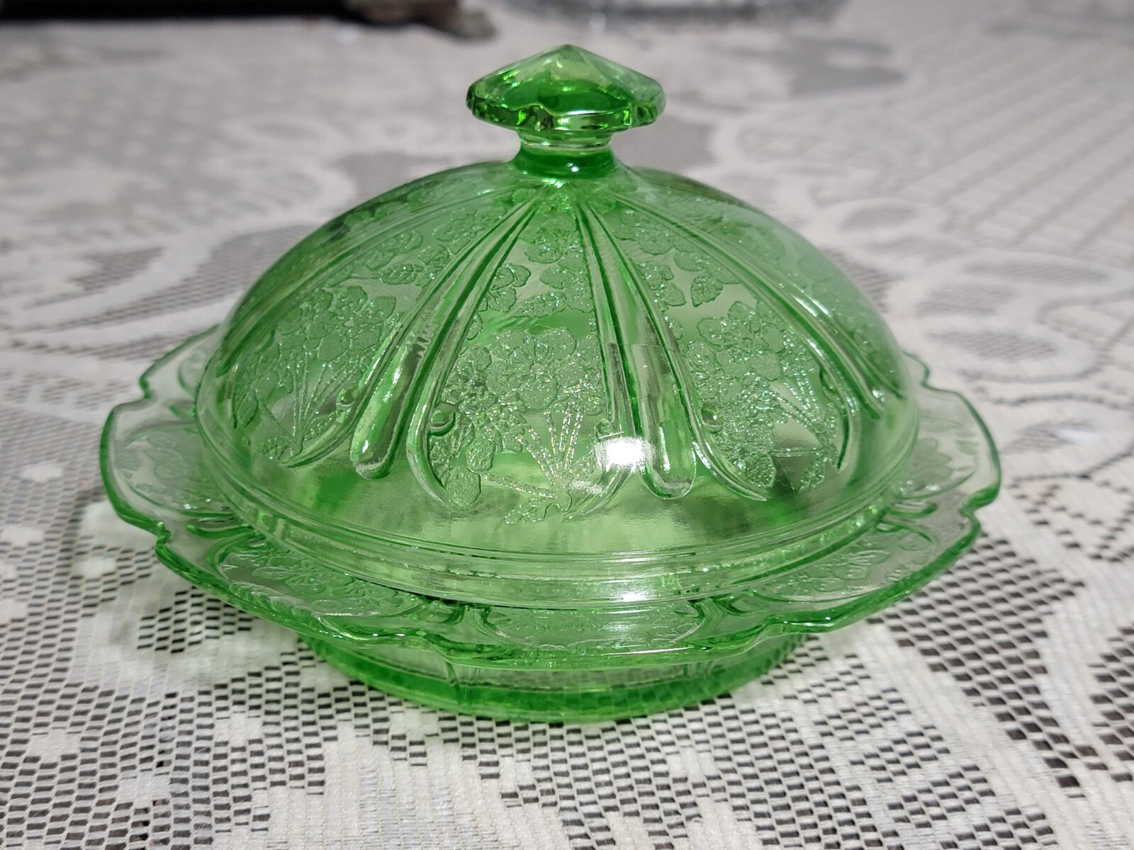 Glass Cherry Blossom Green Vaseline Uranium Depression Butter