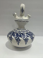 Vintage Portugal pottery Floral Water Wine Jug Vessel Double Spouts 11.5” Tall