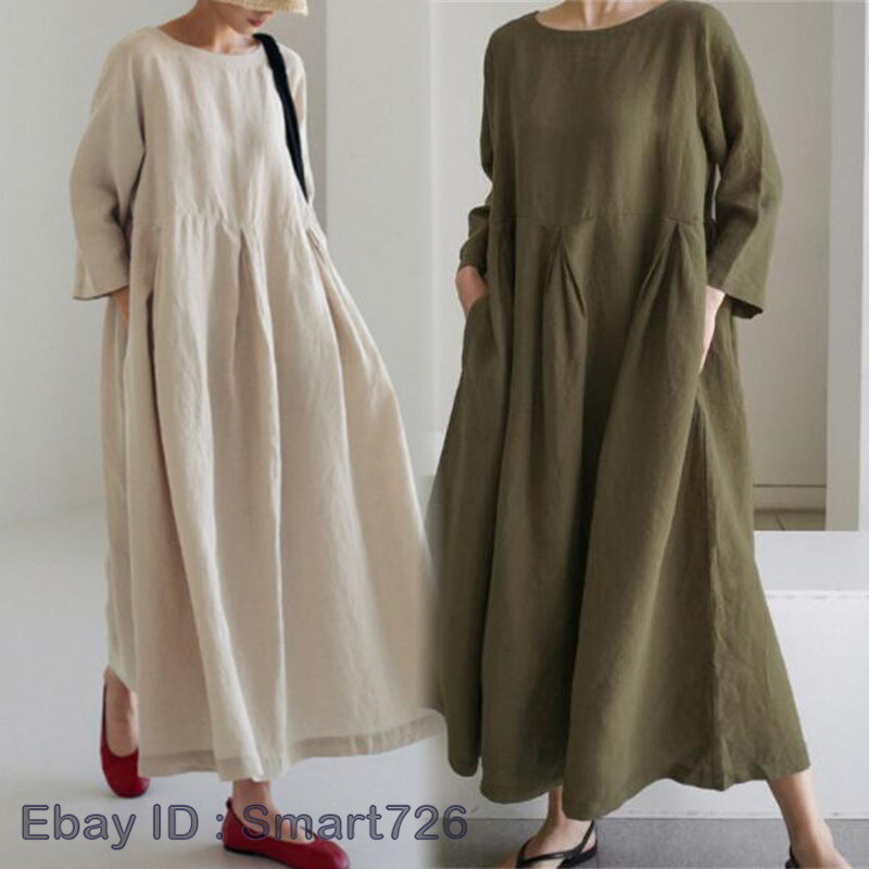 Women Round Collar Long Sleeves Loose Casual Linen Solid Dresses Pockets  Retro