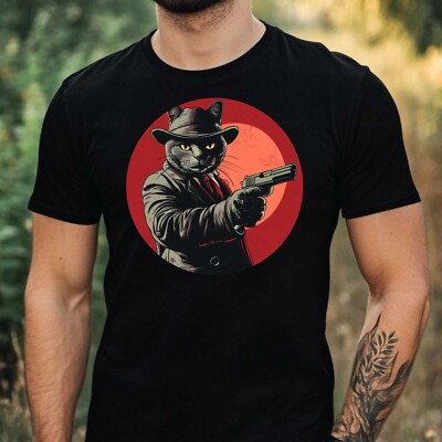 Mens Cat Gun Print Cotton T-Shirt Size XS to 5XL