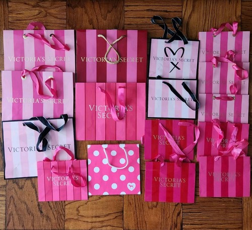 16 Vtg Victoria’s Secret Paper Gift Shopping Bags Lot Pink Stripe Ribbon Handle