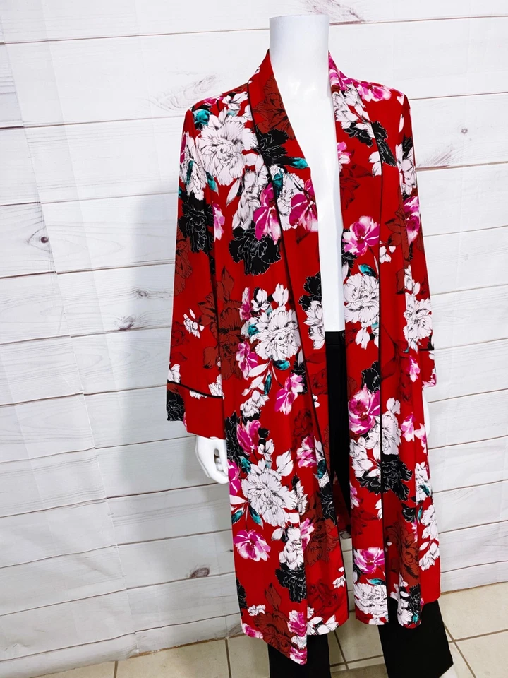 Женский открытый кардиган Jennifer Lopez халат размер L красный цветочный с длинным рукавом - Изображение 2 из 4