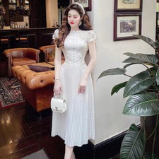 2025 Summer New Ladies' Lace Embroidered Slim Fit Waist Dress A-Line Party Skirt