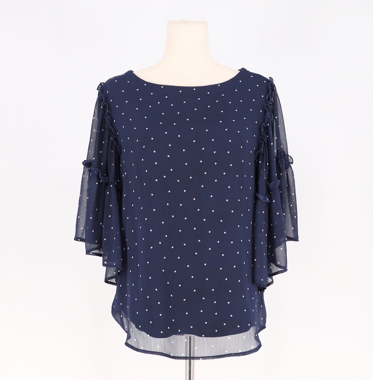 FINLEY Flowy Polka Dot Bell Flutter Sheer Sleeve Blouse Navy Blue Size S
