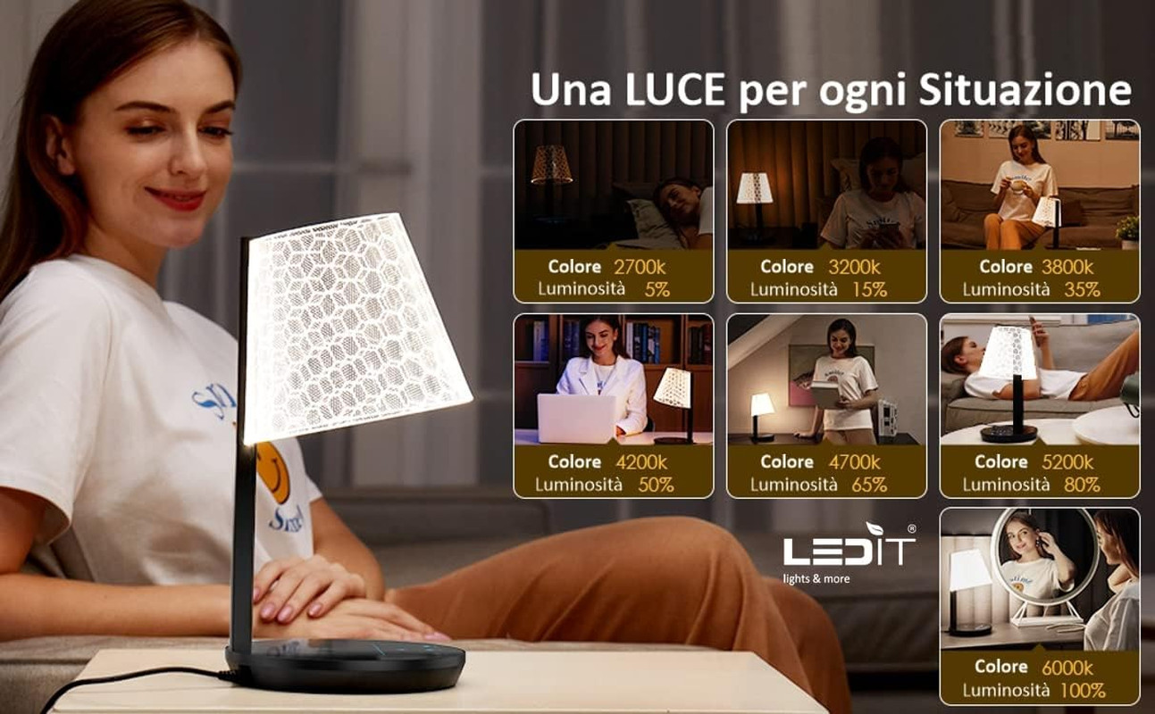 Lampada Da Comodino Led Con Touch E Ricarica Wireless, Dimmerabile 7 Livelli Di  - 3