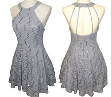 B. Darlin Gray Lace Sequined Strappy Back Fit Flare Formal Mini Dress Size 12