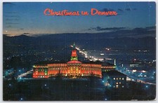 Vintage 1966 Christmas in Denver Night View Postcard Union Pacific