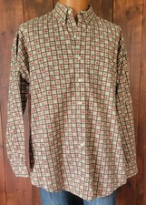 Vintage Chaps Tan Retro Pattern Men L Long Sleeve Shirt Green Red Floral Print