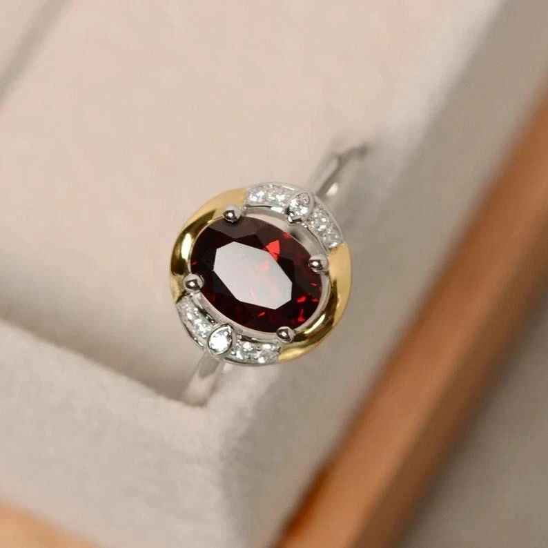 1.70 Ct Oval Natural Garnet Diamond Bridal Ring 14K Solid White Gold Size All - Image 4 of 4