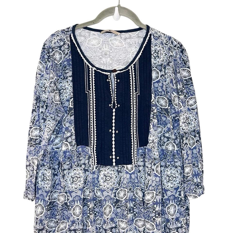 Tu Azul Floral Cachemira Cuello Redondo Manga Larga Floral Resort Top Campesino Boho 18 Foto 3 de 4