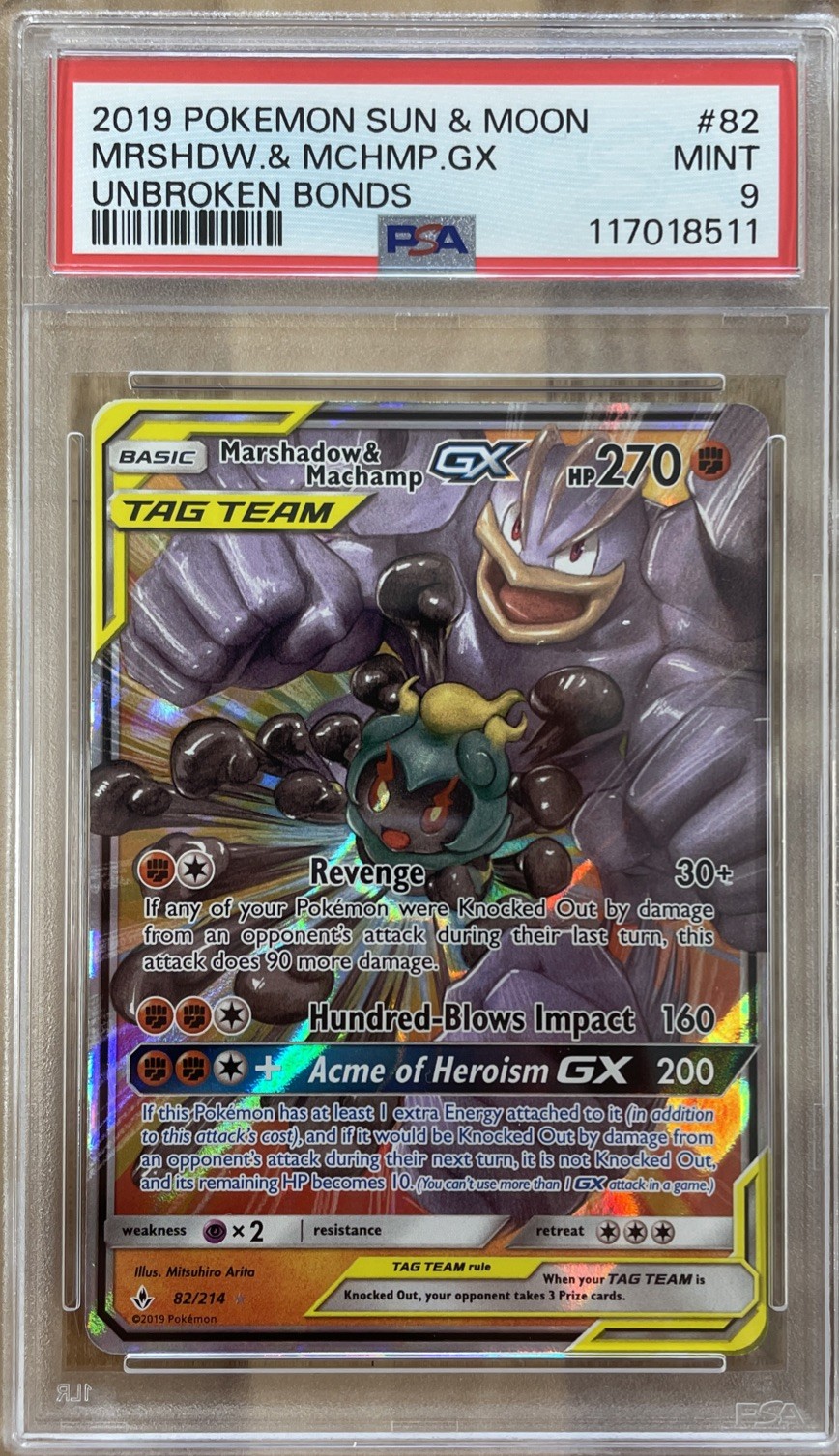 PSA 9 Marshadow & Machamp GX 82/214 Unbroken Bonds Ultra Rare Holo Pokemon Card 