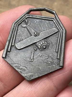 Antique Vintage Metal Watch Fob Flying Ace Airplane Embossed Transportation Tag