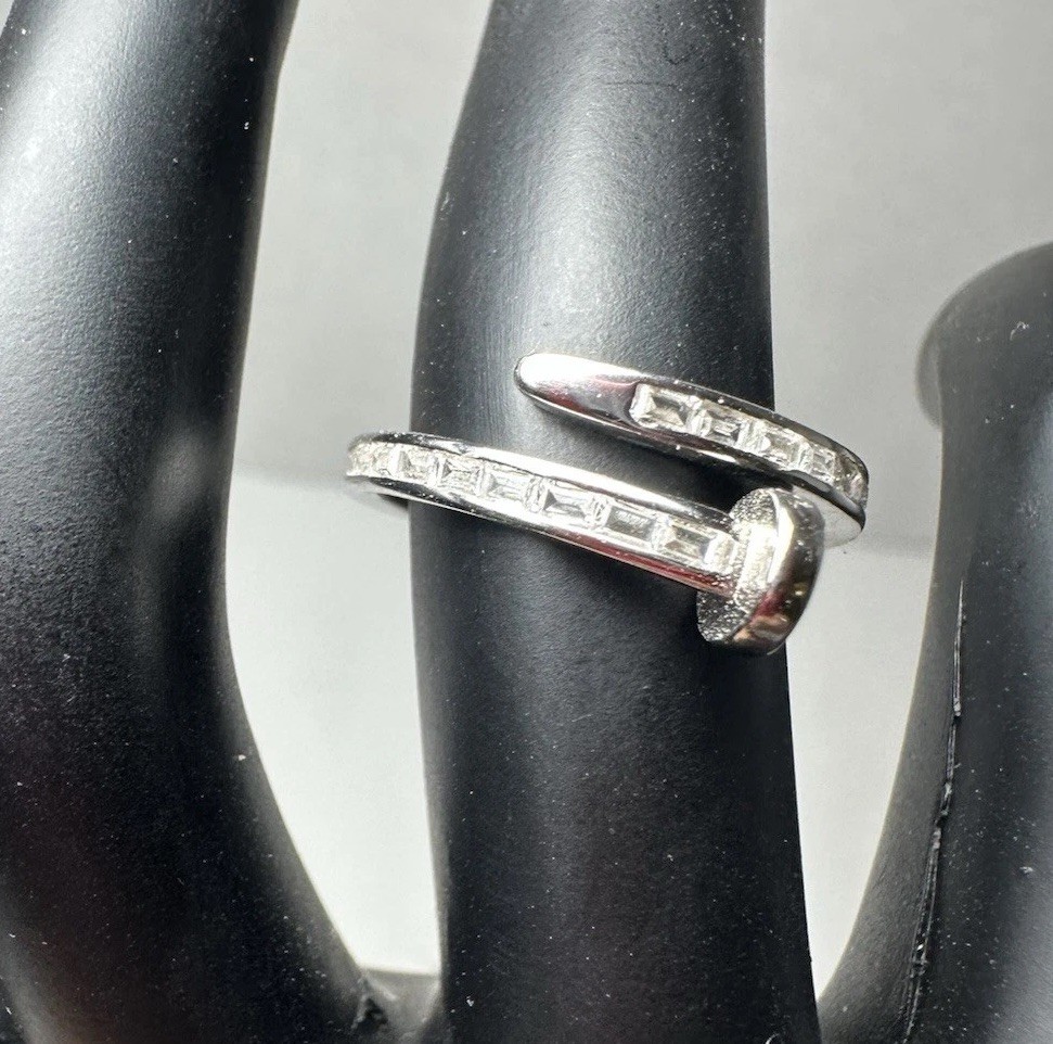 925 Sterling Silver Nail Ring Has Small Cubic Zirconias. Size 6.5