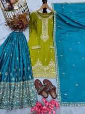 Glam Pure Chinon Silk Green  Blue Crystal-Sequence Embroidered Suit Set