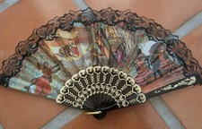 Vintage Spanish Folding Hand Fan with Lace Trim and Plastic Ribs