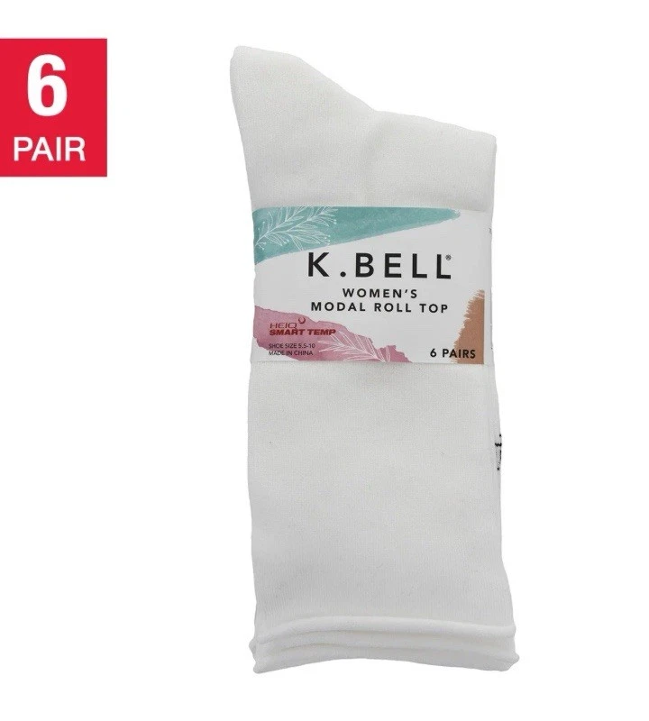 Meias femininas K BELL modal roll top multicoloridas tripulação, tamanho de sapato 5,5-10, 6 pares - Imagem 3 de 3