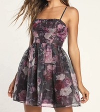 Lulu’s NWT XS Midnight Beauty Black And Purple Floral Print Bustier Mini Dress