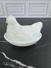 VTG White Opaque Milk Glass Hen on Nest Chicken Covered Dish Hazel Atlas 4.5"