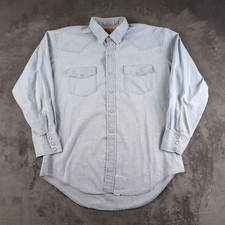 Vintage 90s Big Mac Blue Chambray Pearl Snap Western Workwear Shirt Sz L USA