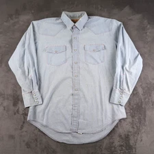 Vintage 90s Big Mac Blue Chambray Pearl Snap Western Workwear Shirt Sz L USA