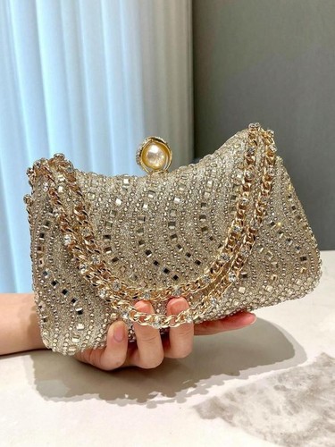 EVENING BAG- Gold Tone Rhinestone Decorated Metal Handle Clutch Purse, Luxury