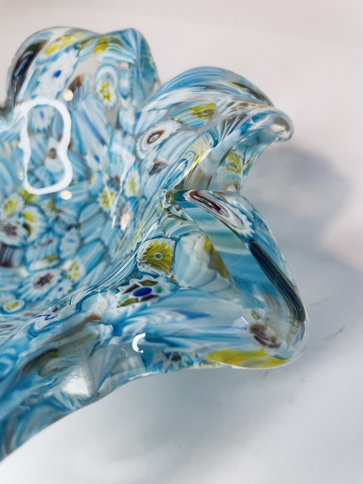 Murano Millefiori Art Glass Bowl Blue Ruffled Flower Dish Vintage Style 6"