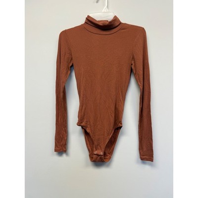 Everlane Womens XS Burnt Orange Ribbed Turtleneck Long Sleeve Bodysuit Tencel