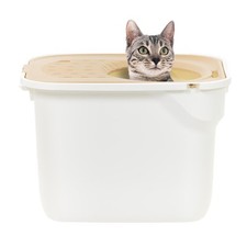 IRIS Large Top Entry Cat Litter Box  Litter Catching Lid Enclosure, White/Beige