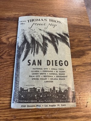 Thomas Bros. fold out Street Map San Diego And Surrounding Areas Circa 1940s