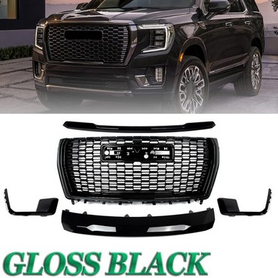 Fit 2021-2024 GMC Yukon/XL Denali Front Grille Hood Trim Molding Gloss Black KIT