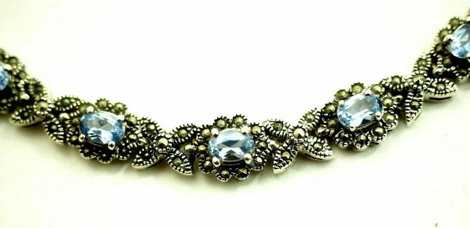 女士 118 石蓝色黄玉 Marcasite Link 手链纯银 — 第 2/4 张图片