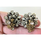 VTG ESTATE MIRIAM HASKELL FAUX PEARL-RHINESTONE GOLD TONE CLIP EARRINGS Unsigned