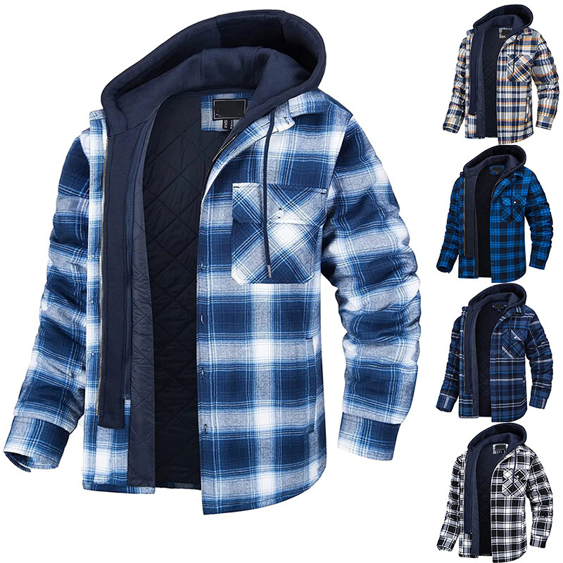 Men's Plaid Flannel Shirt Jacket Fully Quilted Lined Pocket Warm Zip-Up ...