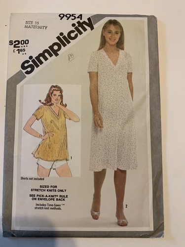 VTG Simplicity Pattern 9954 Maternity Size 16 Jiffy Pullover Dress Or Top 1981