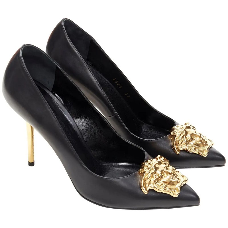 BNIB Versace Women's Gold Medusa Logo High Gold Heel Shoes Leather Black 38