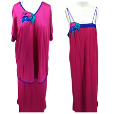 Vintage Pajama Chemise Cover Up Set Size M Pink Satin 80s Top Pajamas Nightgown