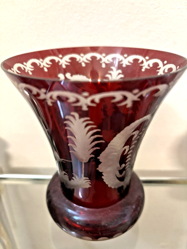 Vintage Ruby Red Cut to Clear Crystal Large Bohemian Glass Vase - 4.75" TALL - Picture 3 of 5