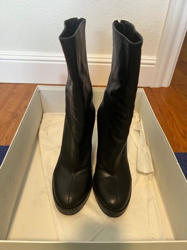 Haider Ackermann Mid Calf Black Leather Boots with Back zipper Block Heel