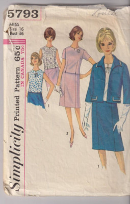 5793 SIMPLICITY c.1964 - TOP SKIRT & 3/4 Sleeve JACKET - Sz 16 B 36''