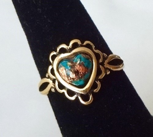 Gold Nickel Ring with Blue Turquoise, Silver, Gold, Copper Flecks, Size 7-1/4 - Picture 2 of 5