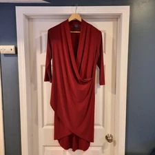 Clara Sun Woo Dress Womens Medium Wine Red Faux Wrap Midi Slinky Knit Tulip Hem