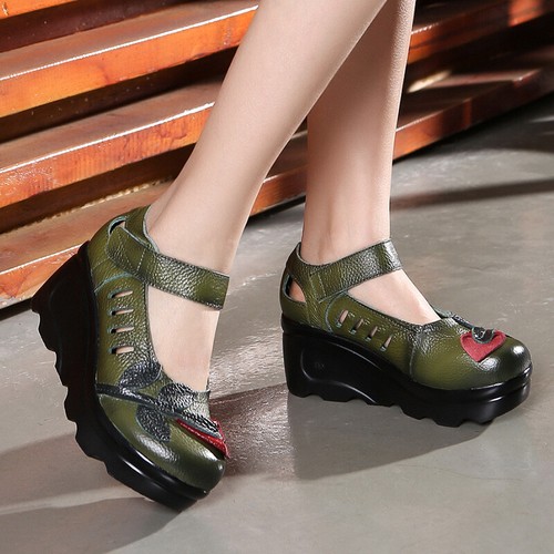 Ethnic Women's Cowhide Leather Wedge Heels Shoes Round Toe Floral Retro Sandals